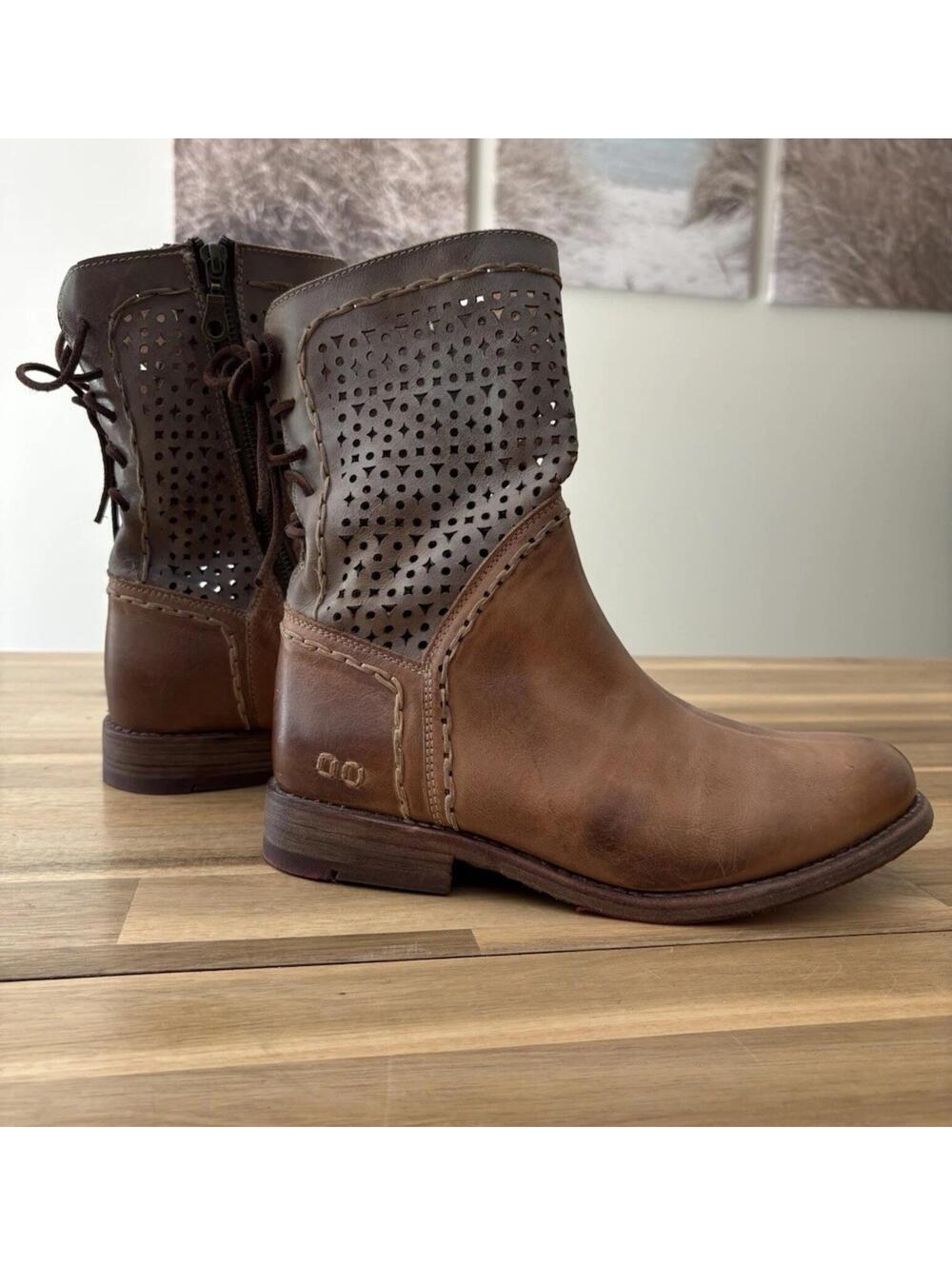 Bed Stu Cheshire Leather Boots Distressed Tan Rustic Lace Up Cutout Boho Sz 7.5